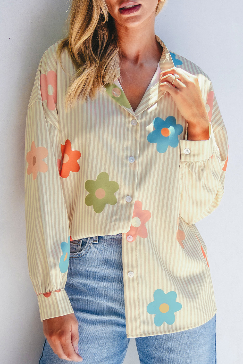 Flower Print Collared Button-up Loose Fit Shirt