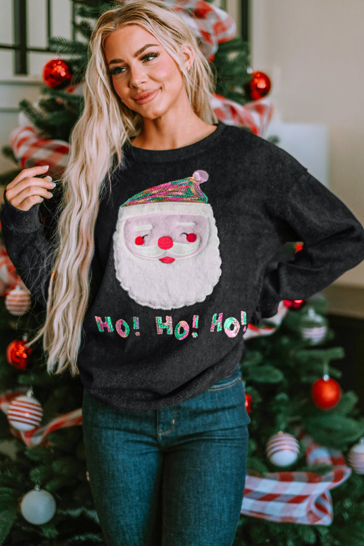 Sequin HO HO HO Santa Claus Graphic Corded Sweatshirt