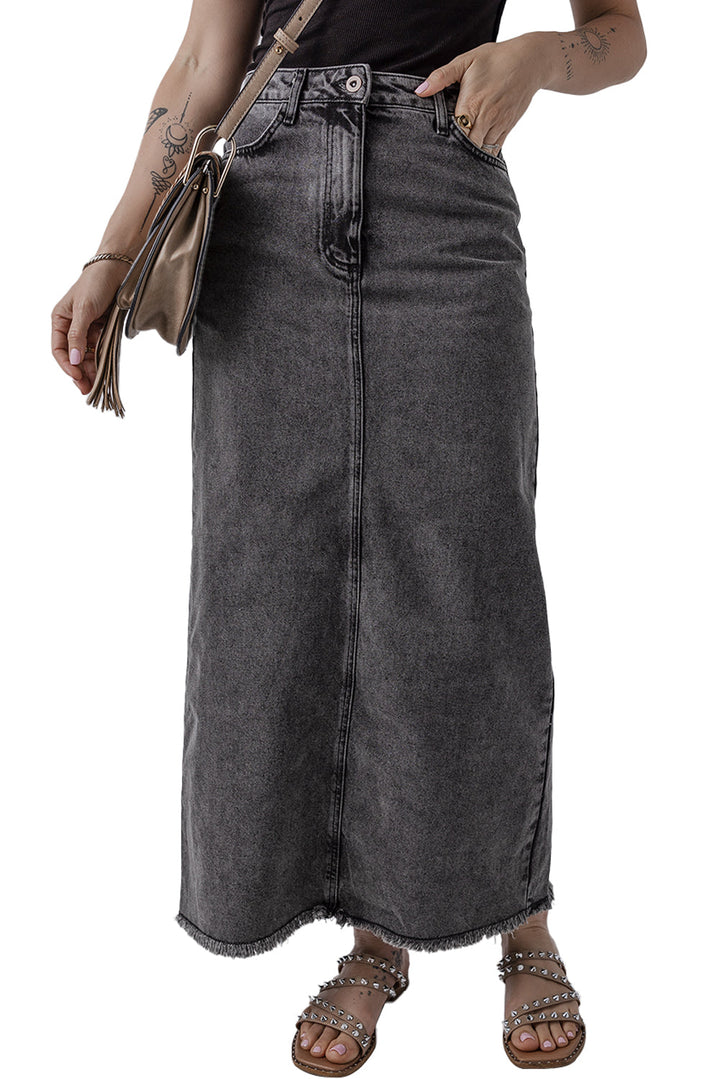 Denim Raw Hem Back Split High Waist Long Skirt