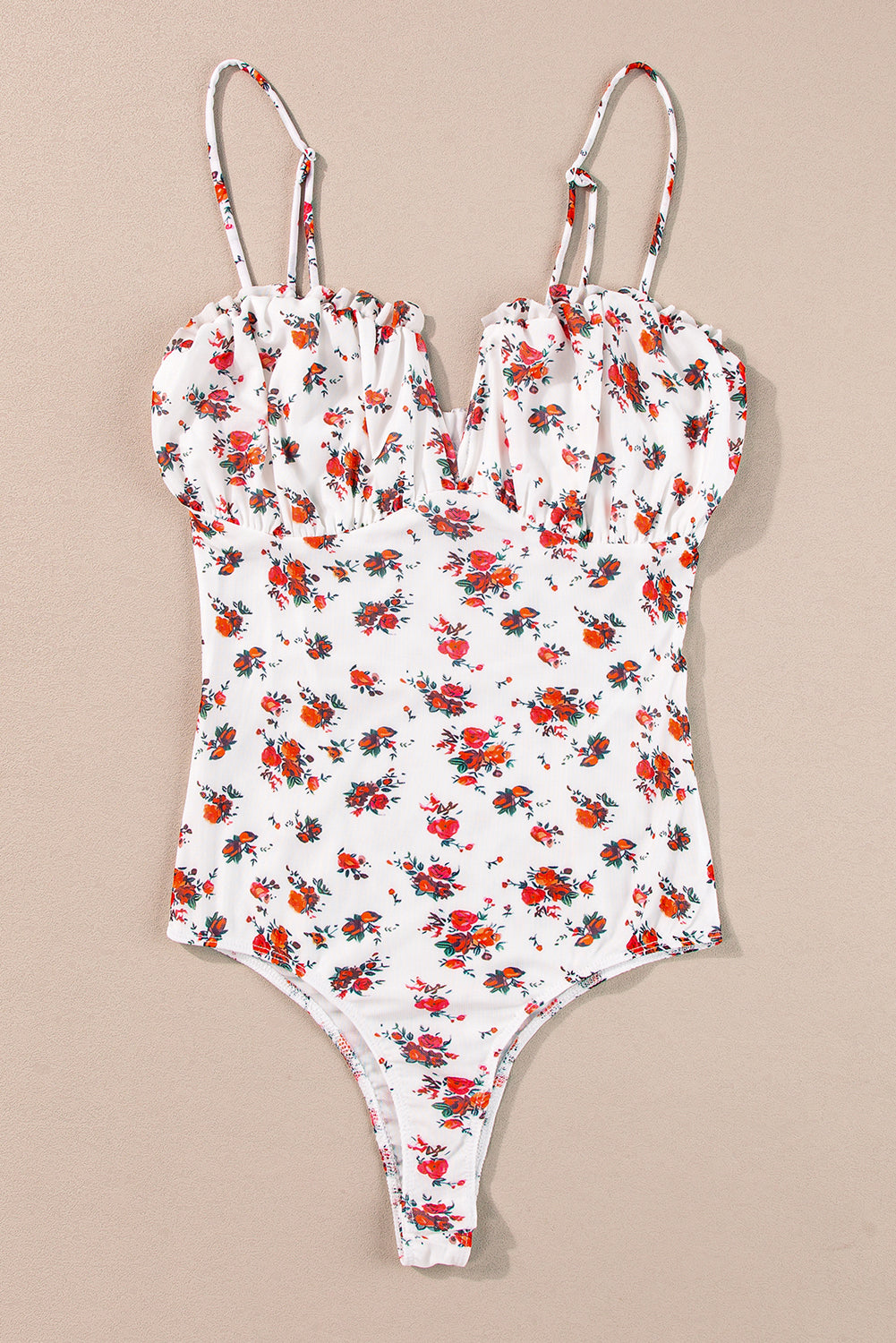 Floral V Cut Frilled Trim Spaghetti Straps Bodysuit