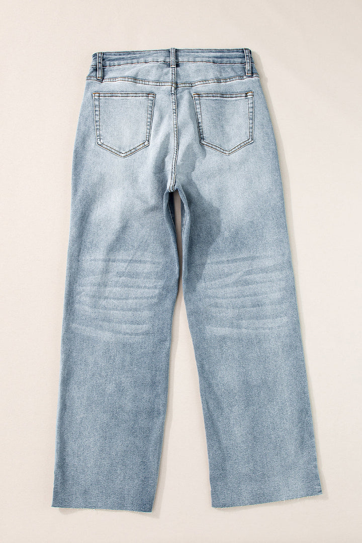 Light Blue Acid Wash Raw Edge Straight Jeans