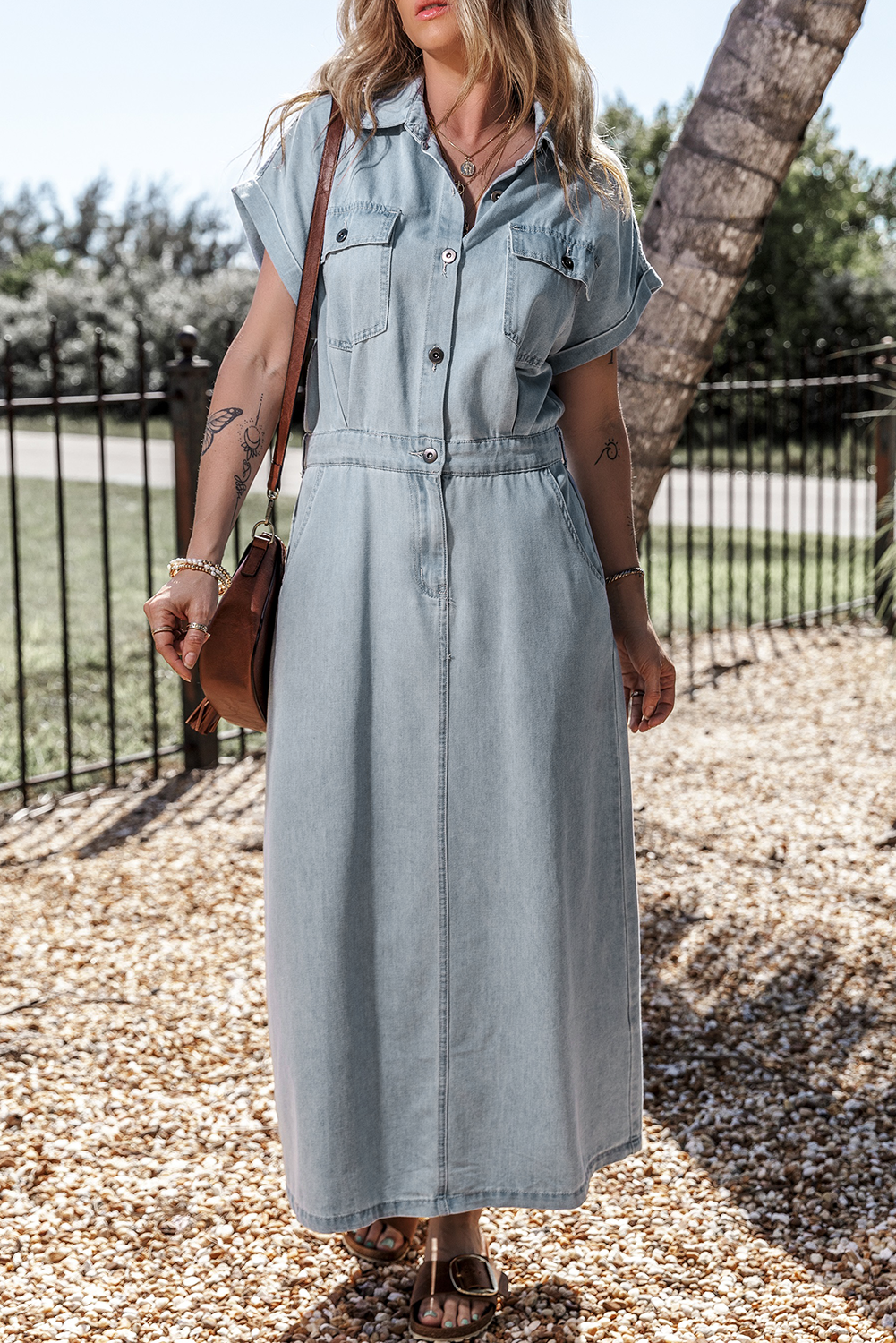 Short Batwing Sleeve Slit Back Denim Dress