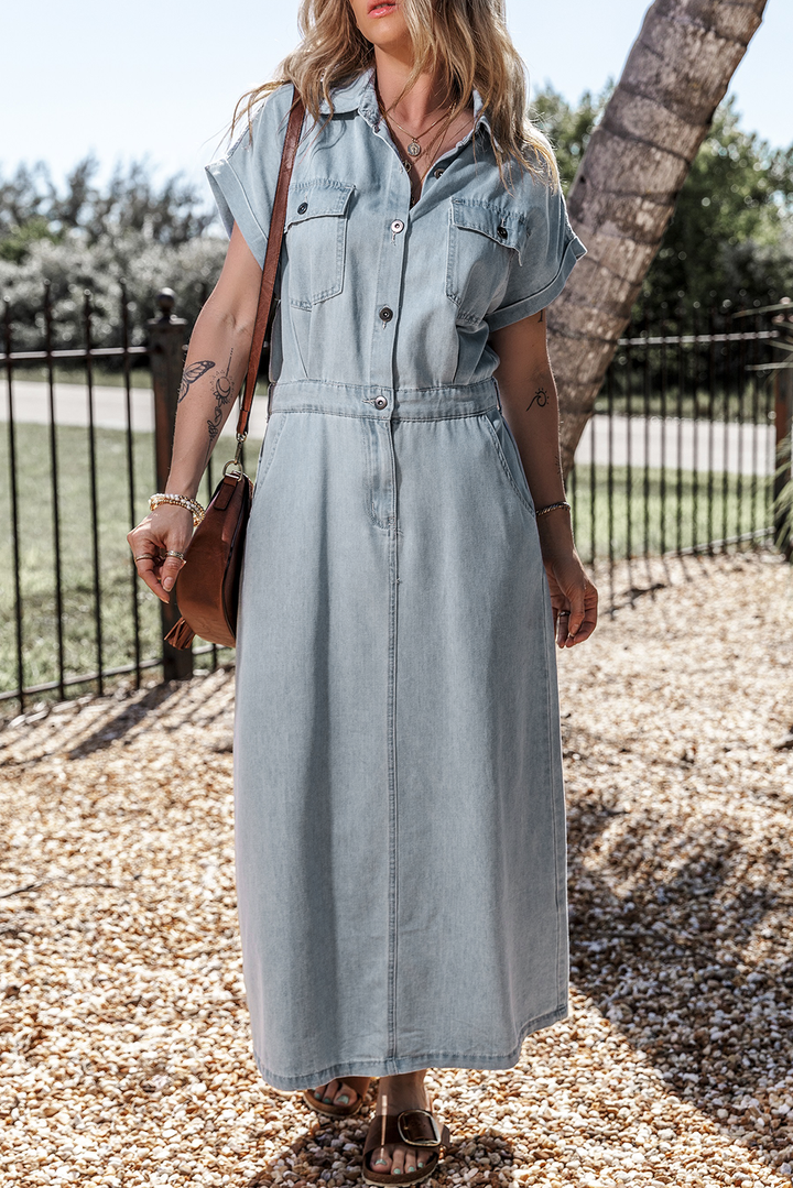 Short Batwing Sleeve Slit Back Denim Dress