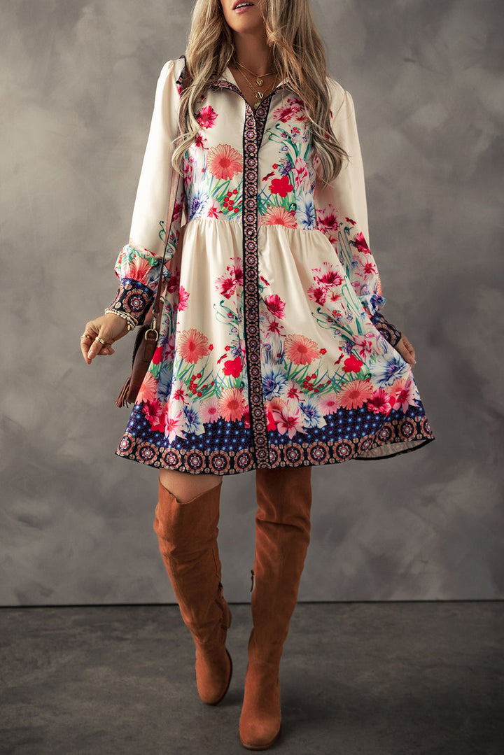 Floral Print Buttoned High Waist Shirt Mini Dress