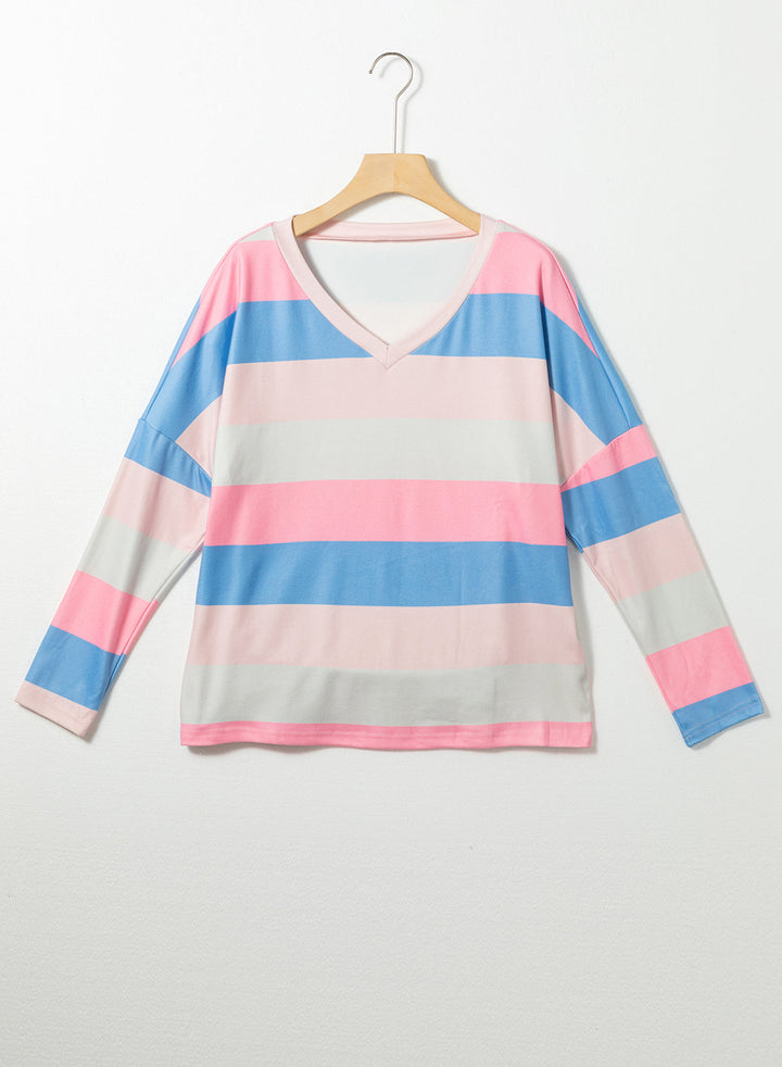 Contrast Striped V Neck Long Sleeve Top