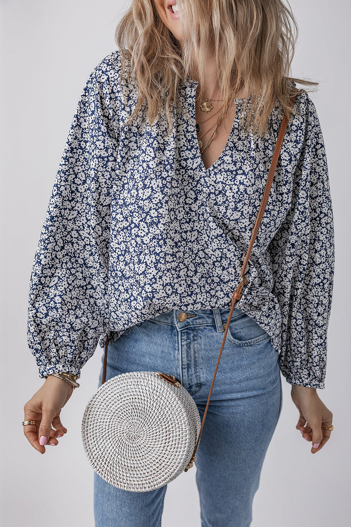 Floral Print Notched V Neck Puff Sleeve Blouse