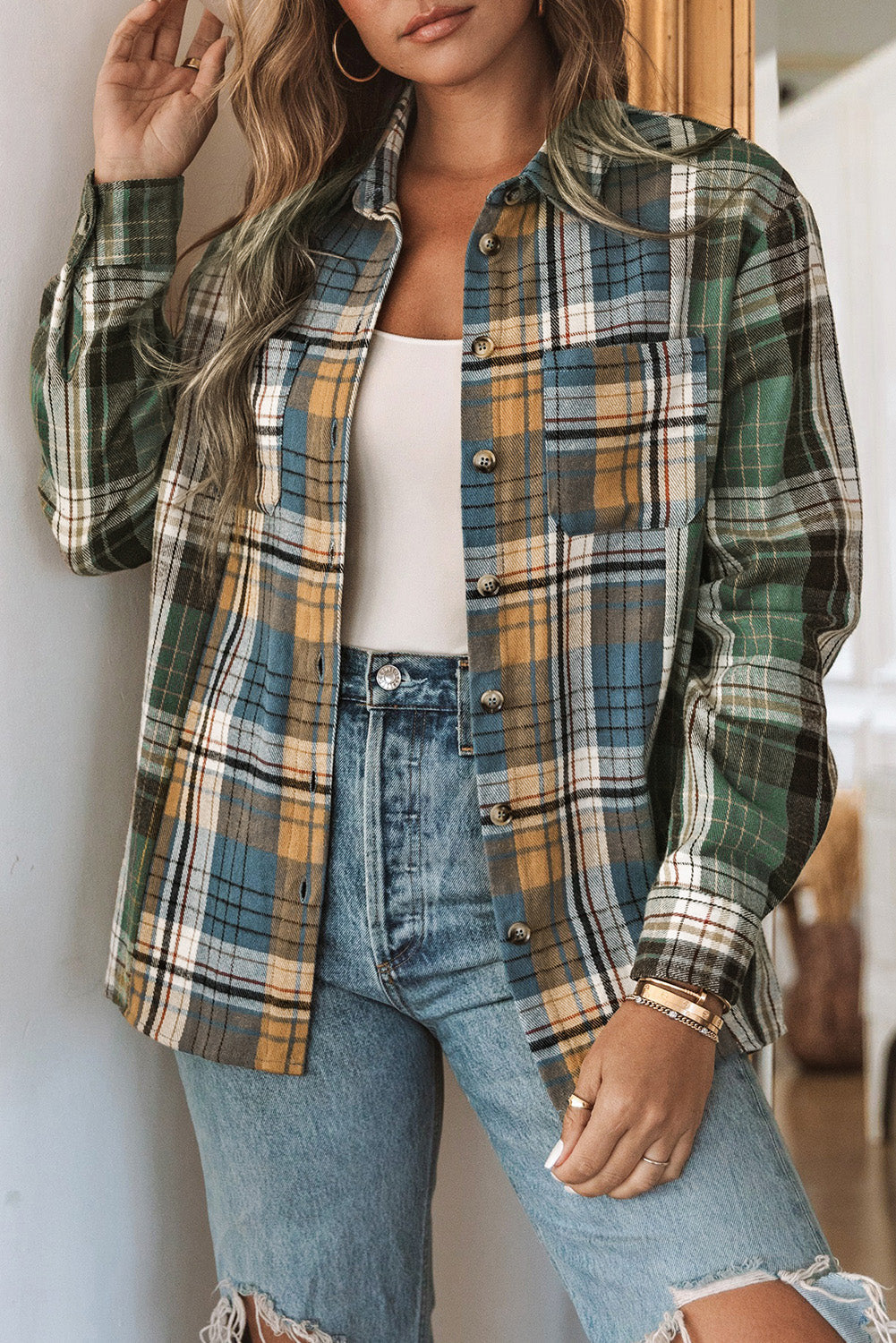 Chest Pockets Button Up Plaid Shacket