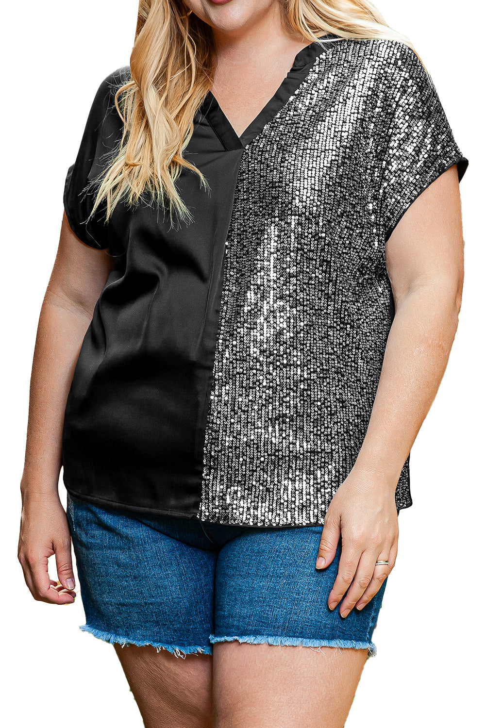 Plus Size Sequined Patchwork V Neck Tee