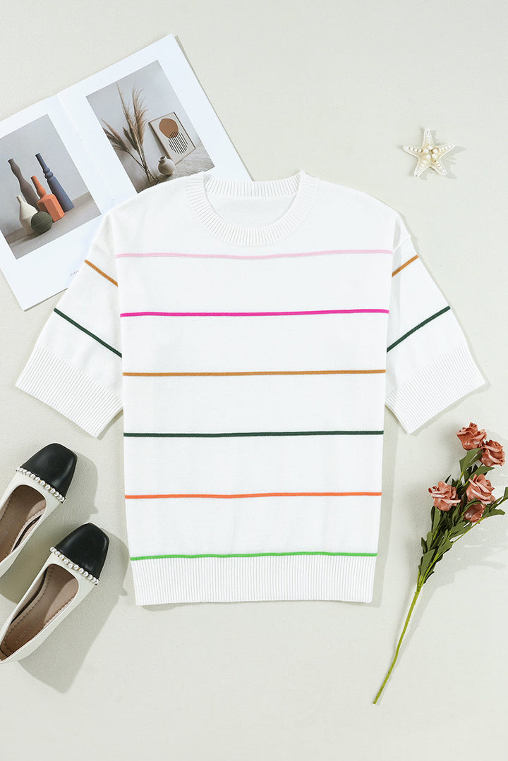 Colorblock Striped Half Sleeve Drop Shoulder Sweater