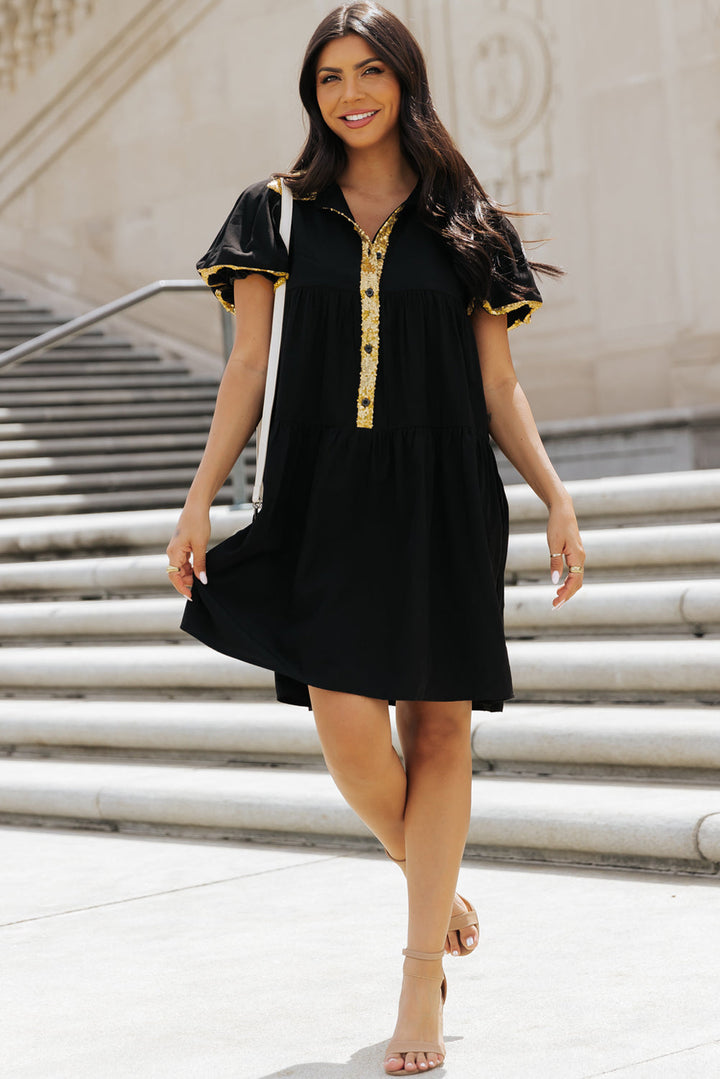 Sequin Trim Bubble Sleeve Game Day Shirt Dress