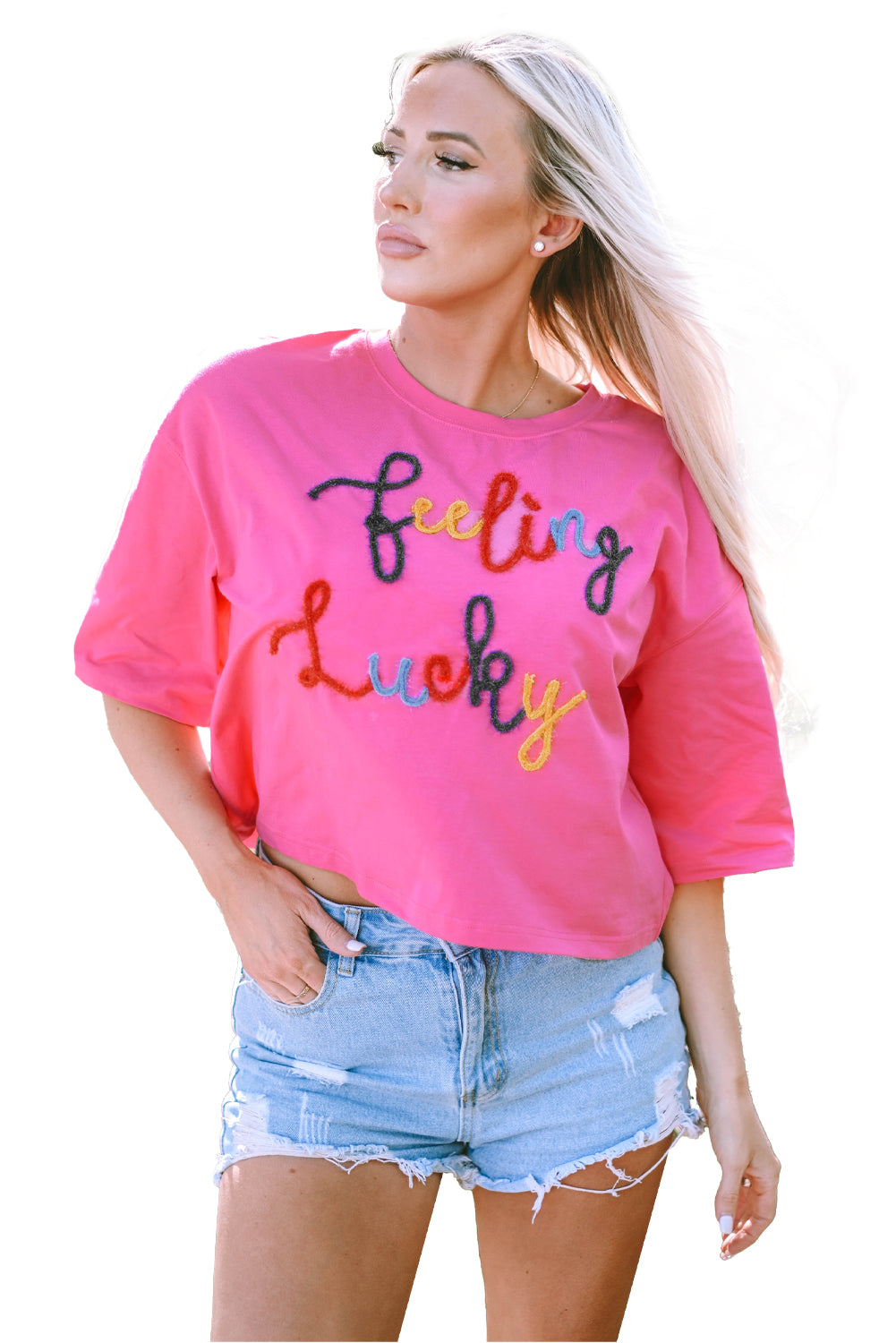 Bonbon Feeling Lucky Embroidered Letter Graphic Half Sleeve Top