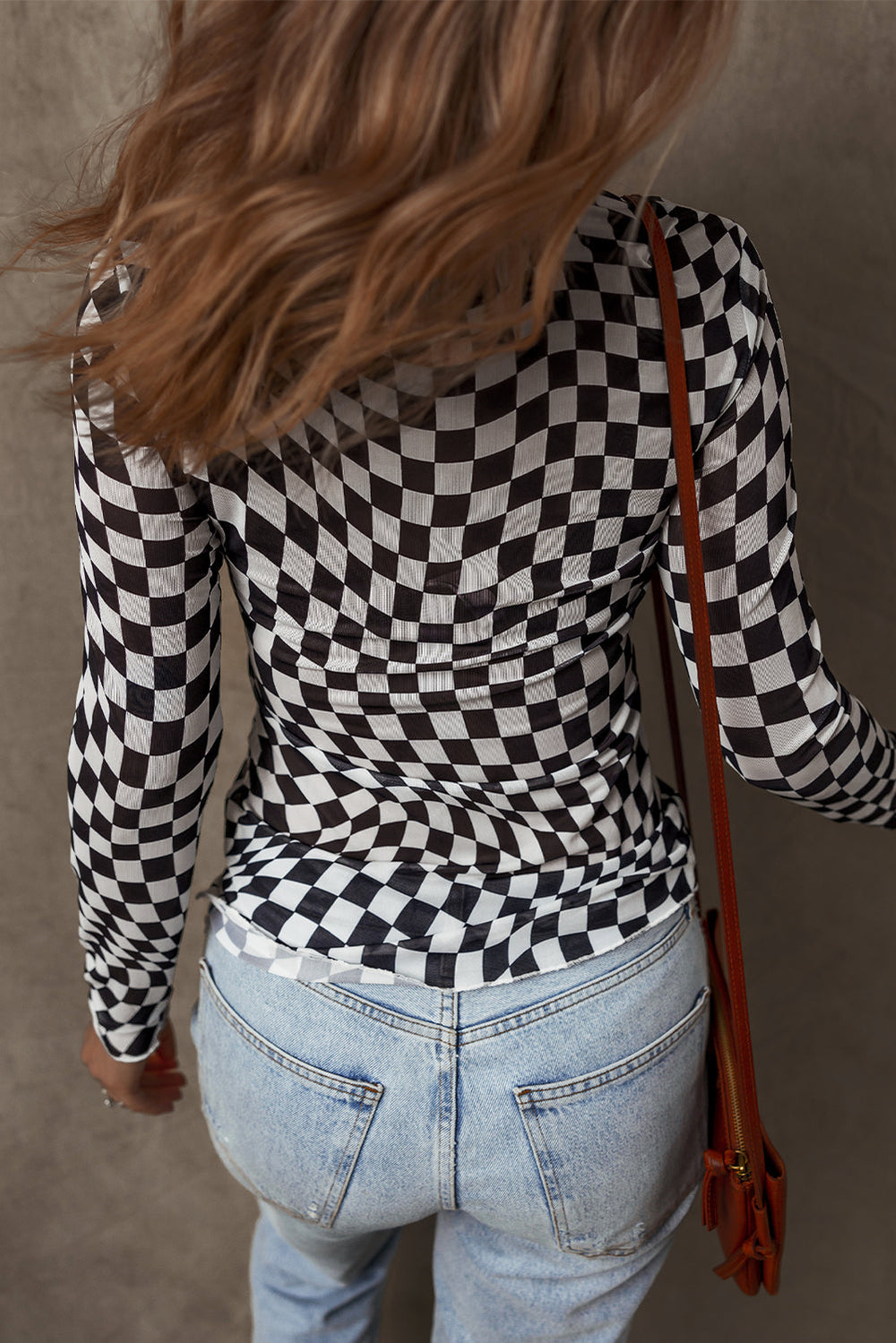 Checkered Pattern Mesh Mock Neck Long Sleeve Top