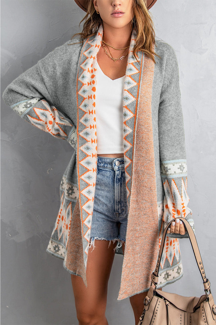 Aztec Print Open Front Knitted Cardigan