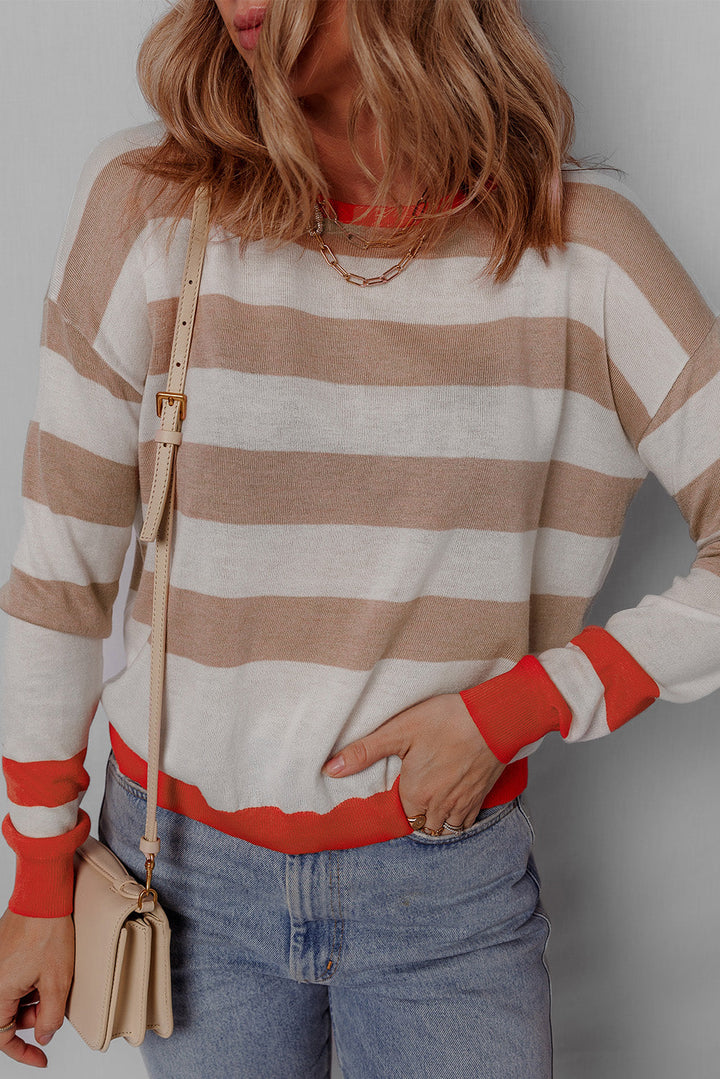 Colorblock Striped Round Neck Drop Shoulder Sweater