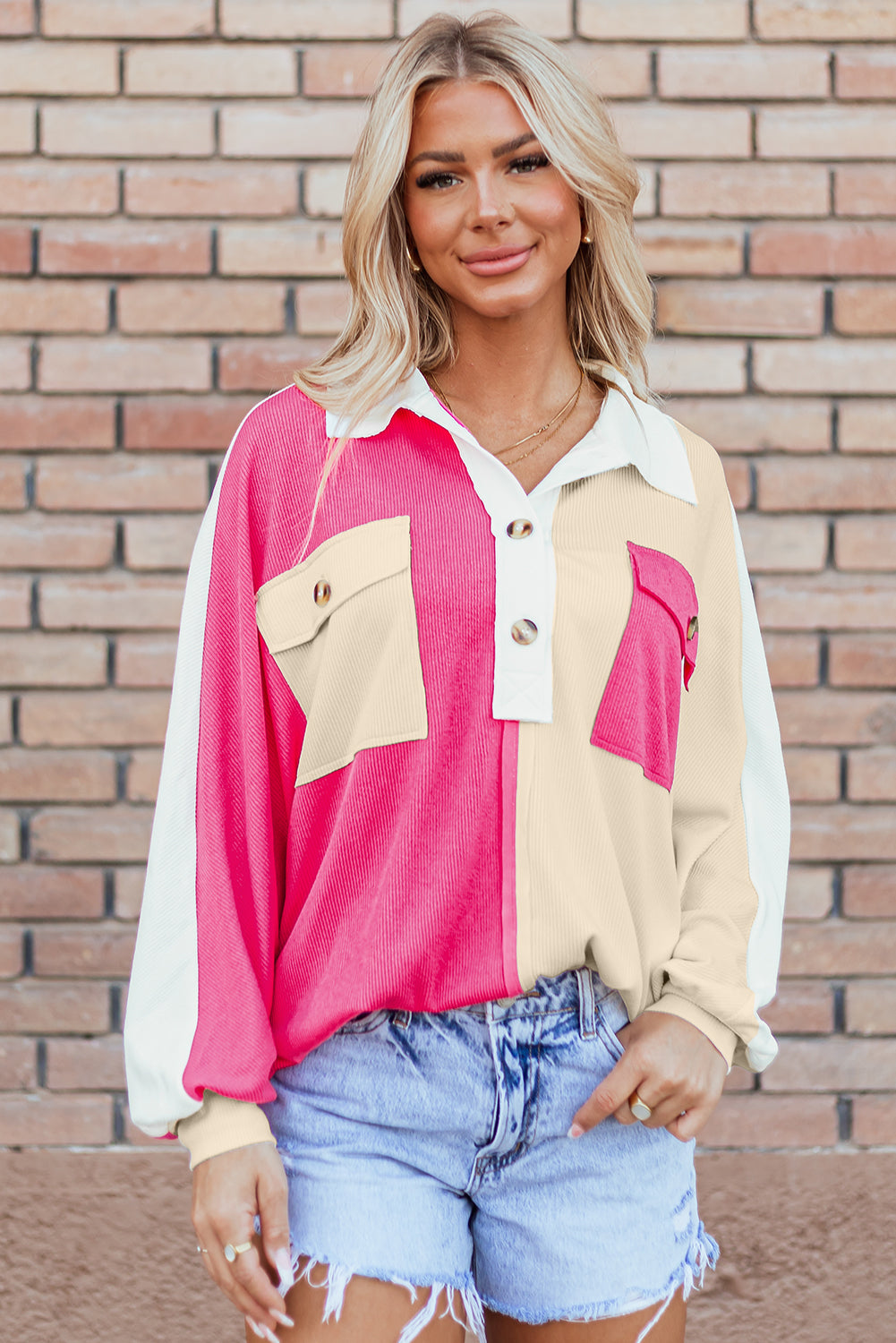 Colorblock Ribbed Collared Oversized Sweatshirt