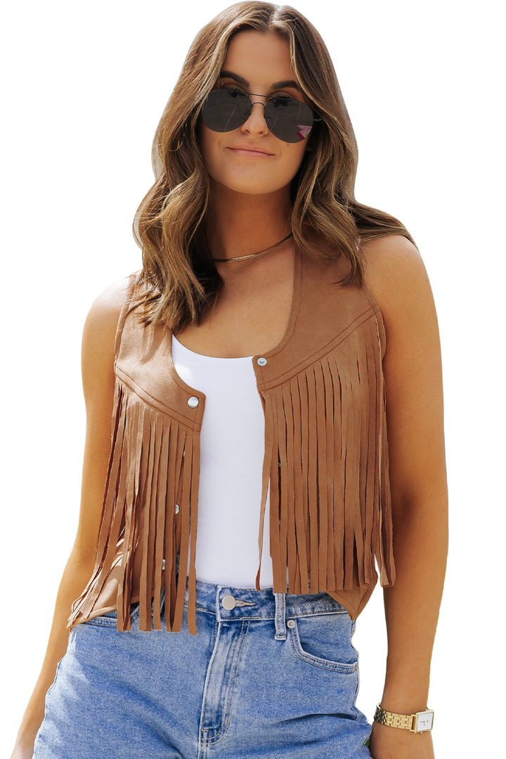 Fringed Snap Button Front Suedette Vest