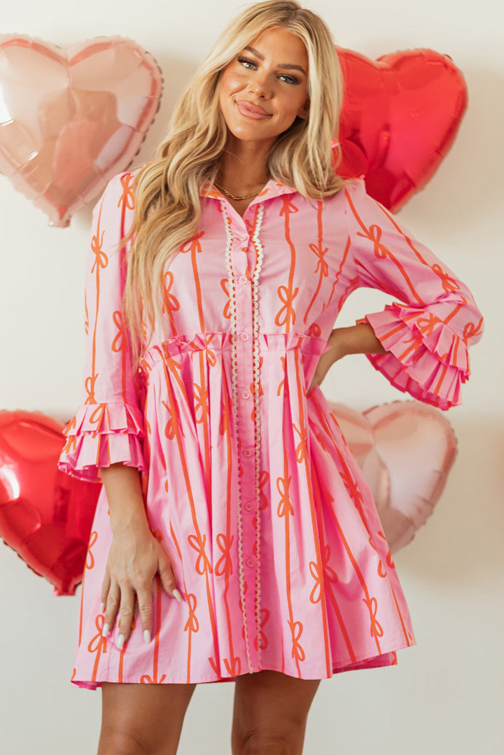 Bowknot Striped Printed Tiered Ruffled Mini Shirt Dress