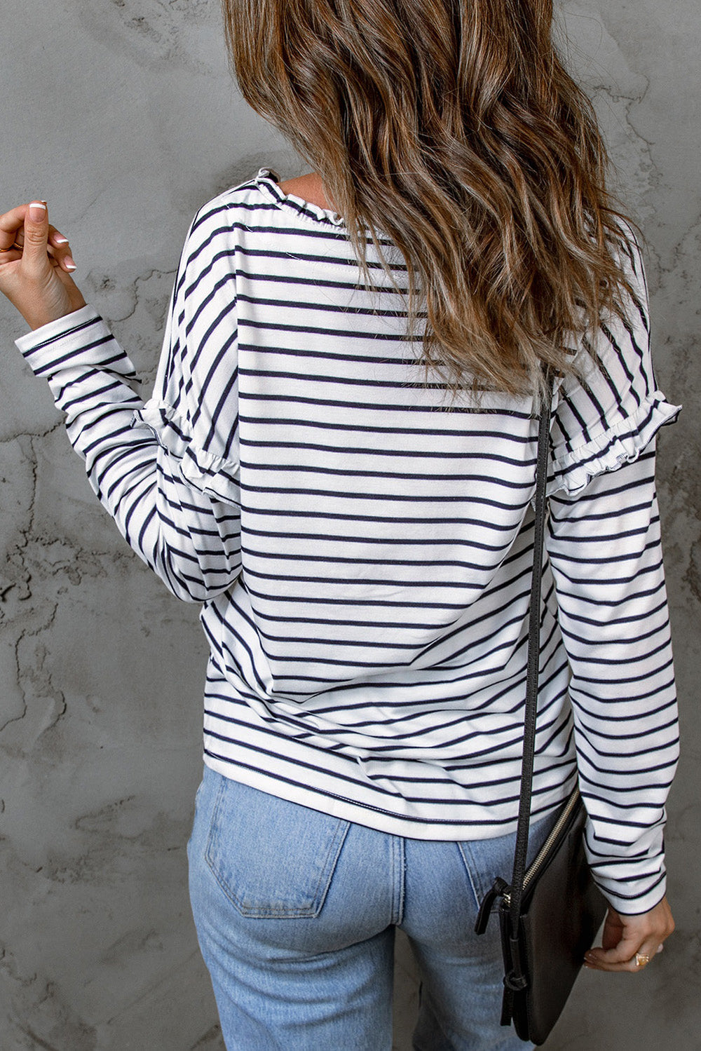 Striped Print Ruffled Buttoned Long Sleeve Top