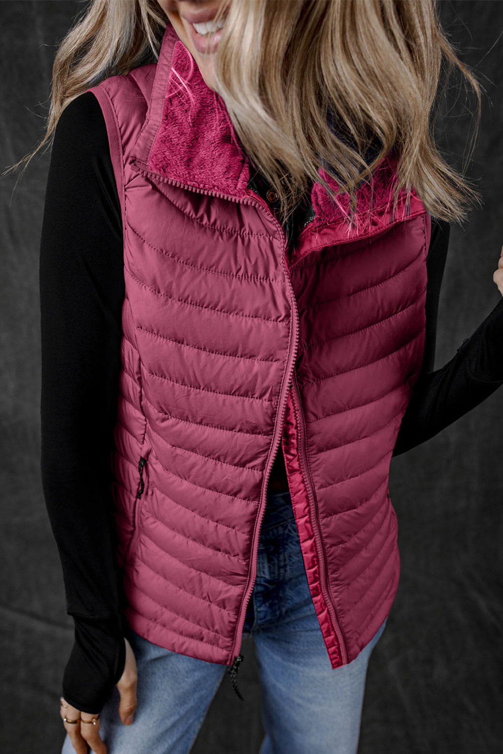 Plush Collared Quilted Zipped Puffer Vest