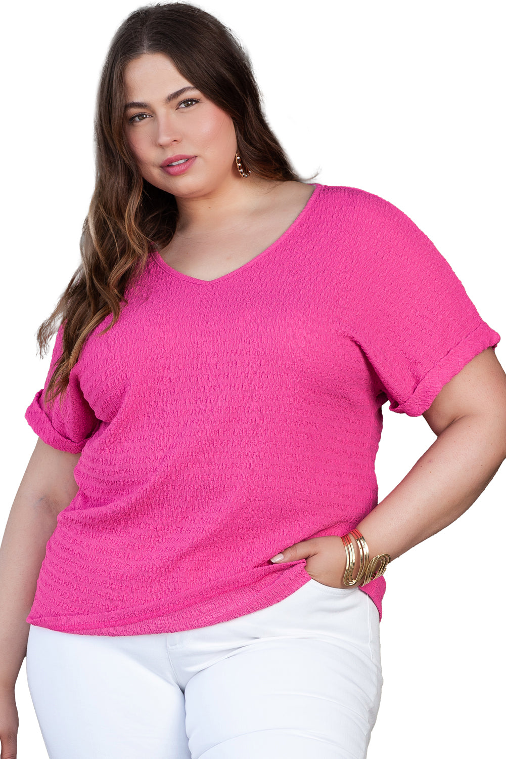 Plus Size Textured Folded Sleeve V Neck T Shirt