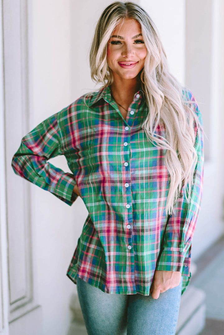 Plaid Long Sleeve Button Down Split Shirt