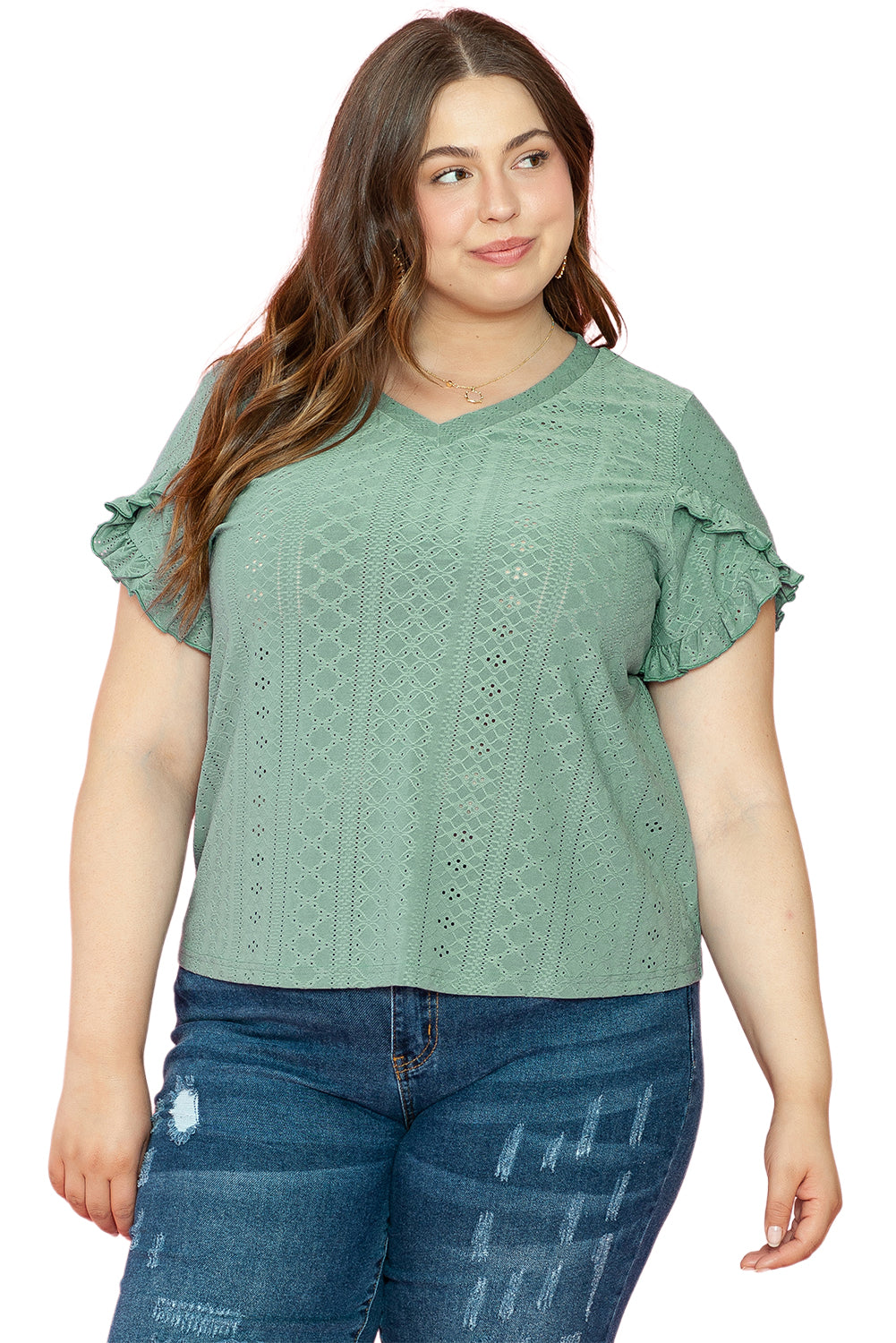 Petal Sleeve Jacquard V Neck Curvy Blouse