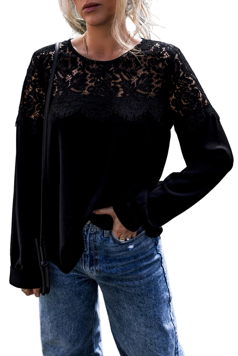 Lace Crochet Patchwork O Neck Long Sleeve Top