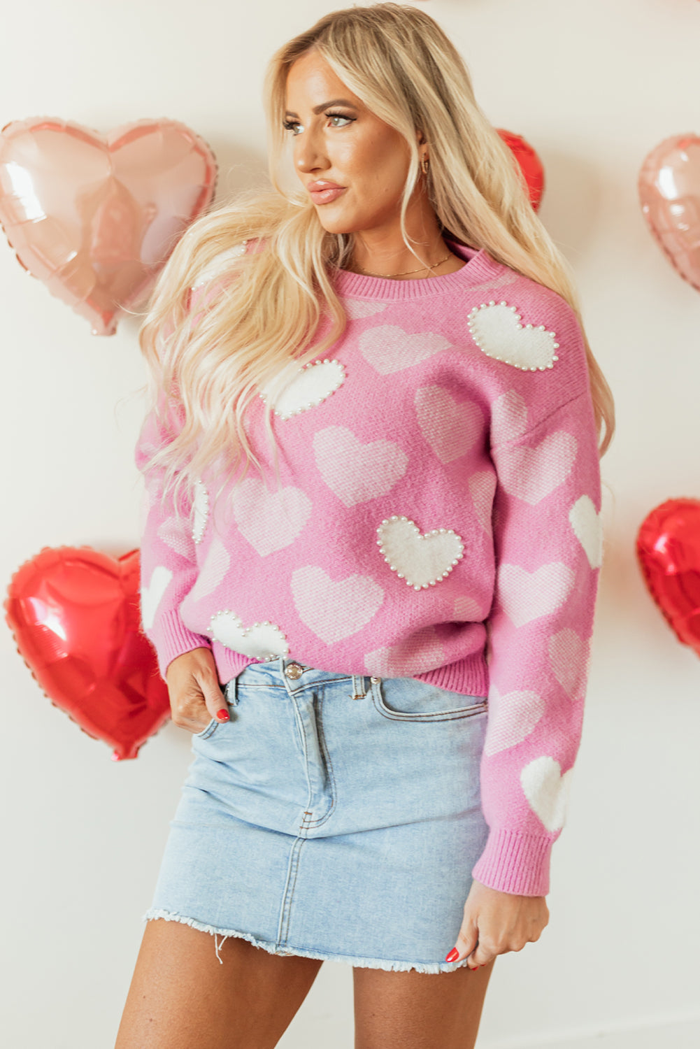 Pearled Heart Print Valentines Crew Neck Sweater