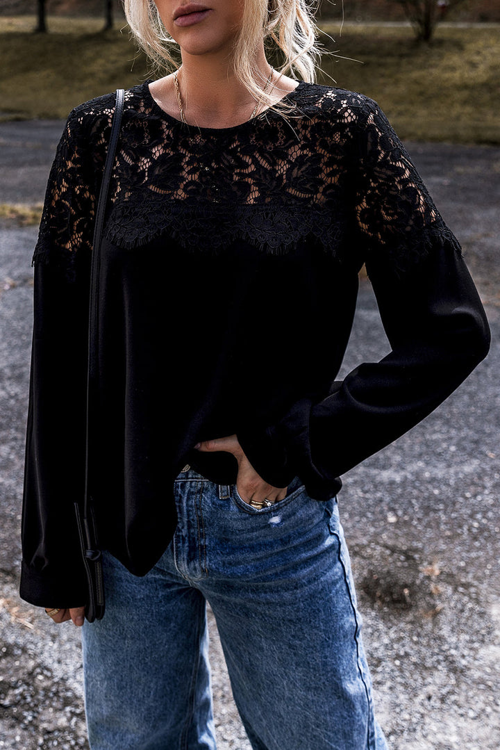 Lace Crochet Patchwork O Neck Long Sleeve Top