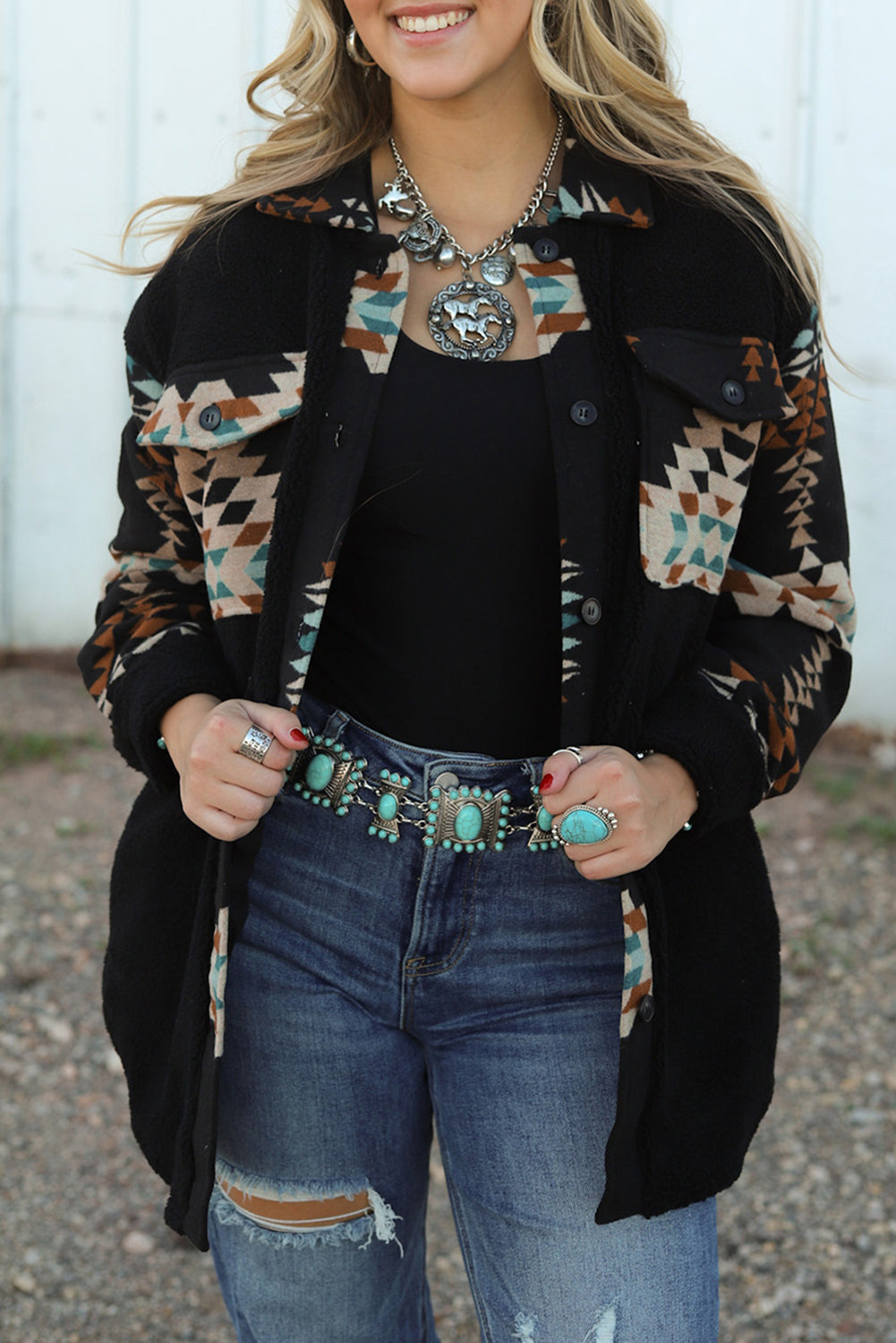 Western Aztec Print Accent Fleece Shacket