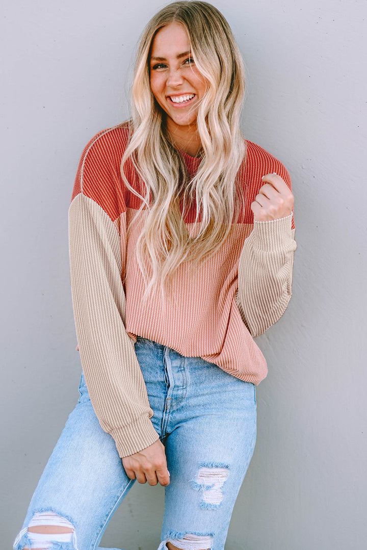 Color Block Long Sleeve Ribbed Loose Top