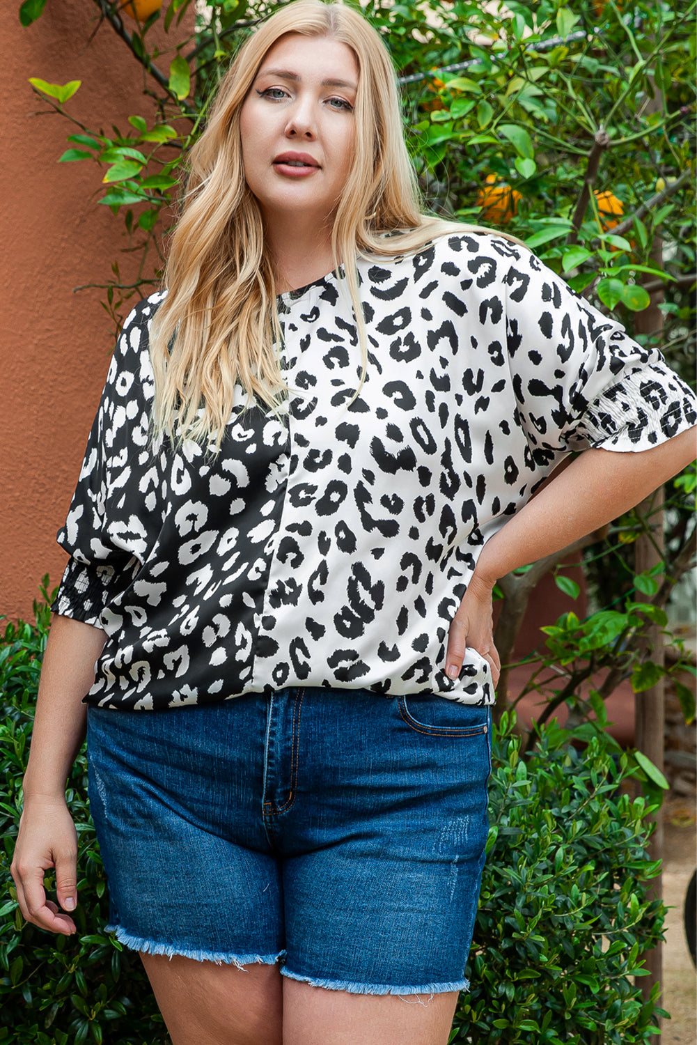 Plus Size Contrast Leopard Half Sleeve Blouse