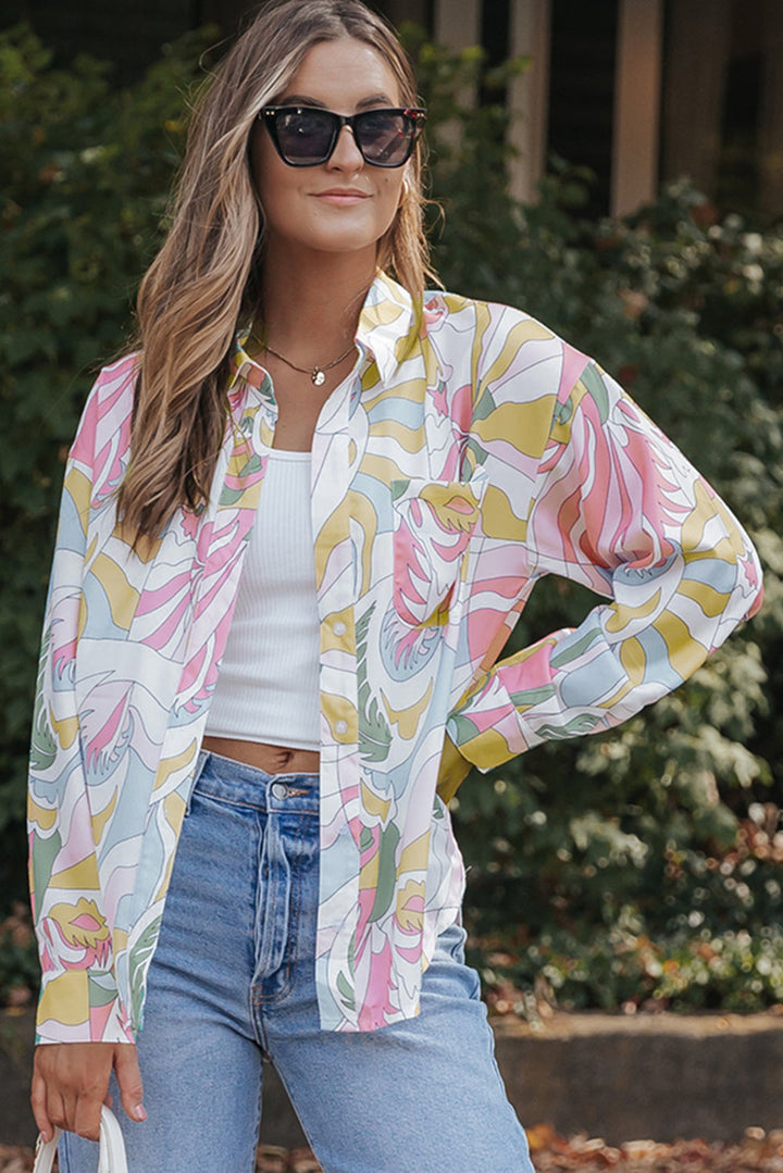 Abstract Printed Turn-Down Collar Loose Shirt