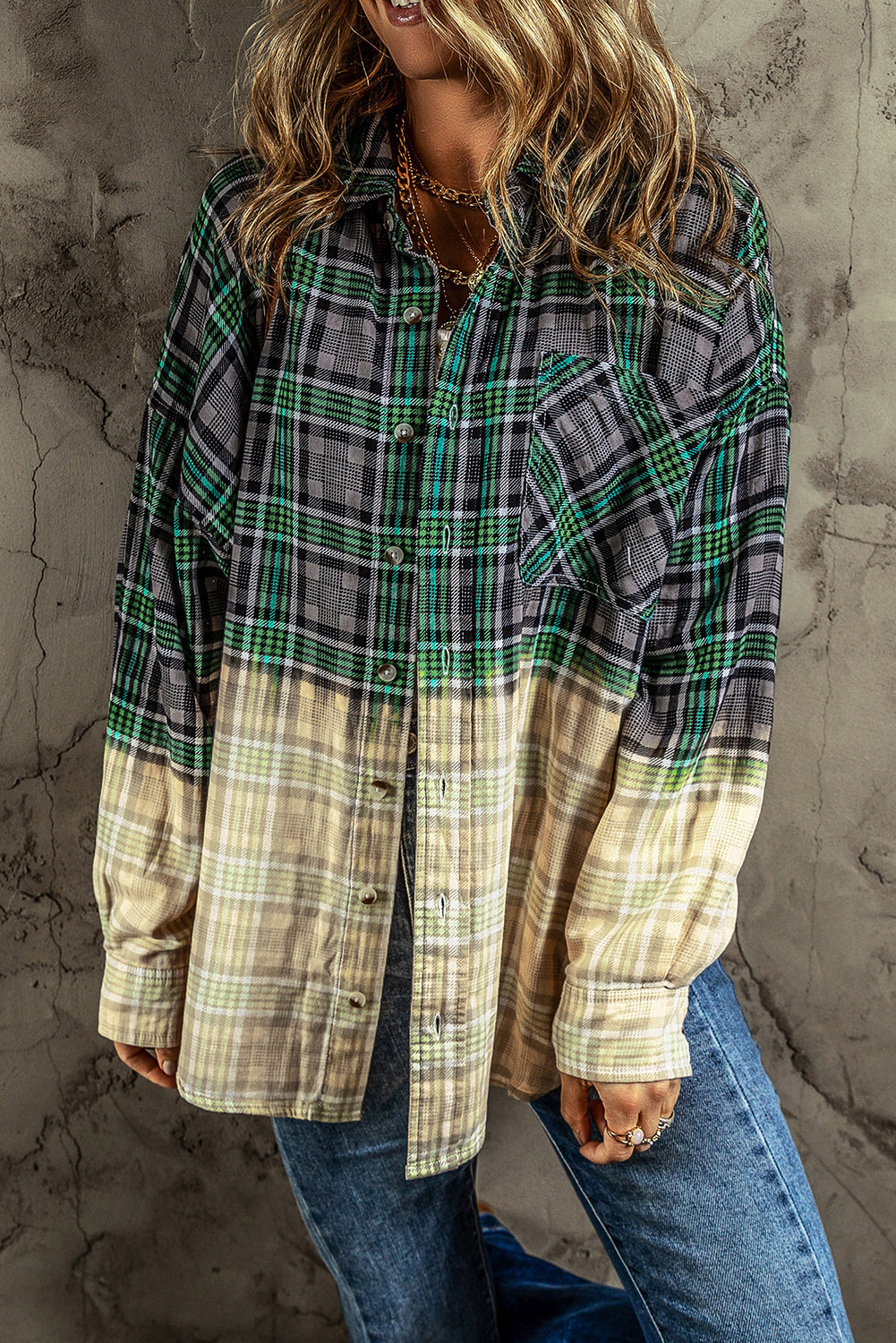 Contrast Plaid Patchwork Chest Pocket Button up Shacket