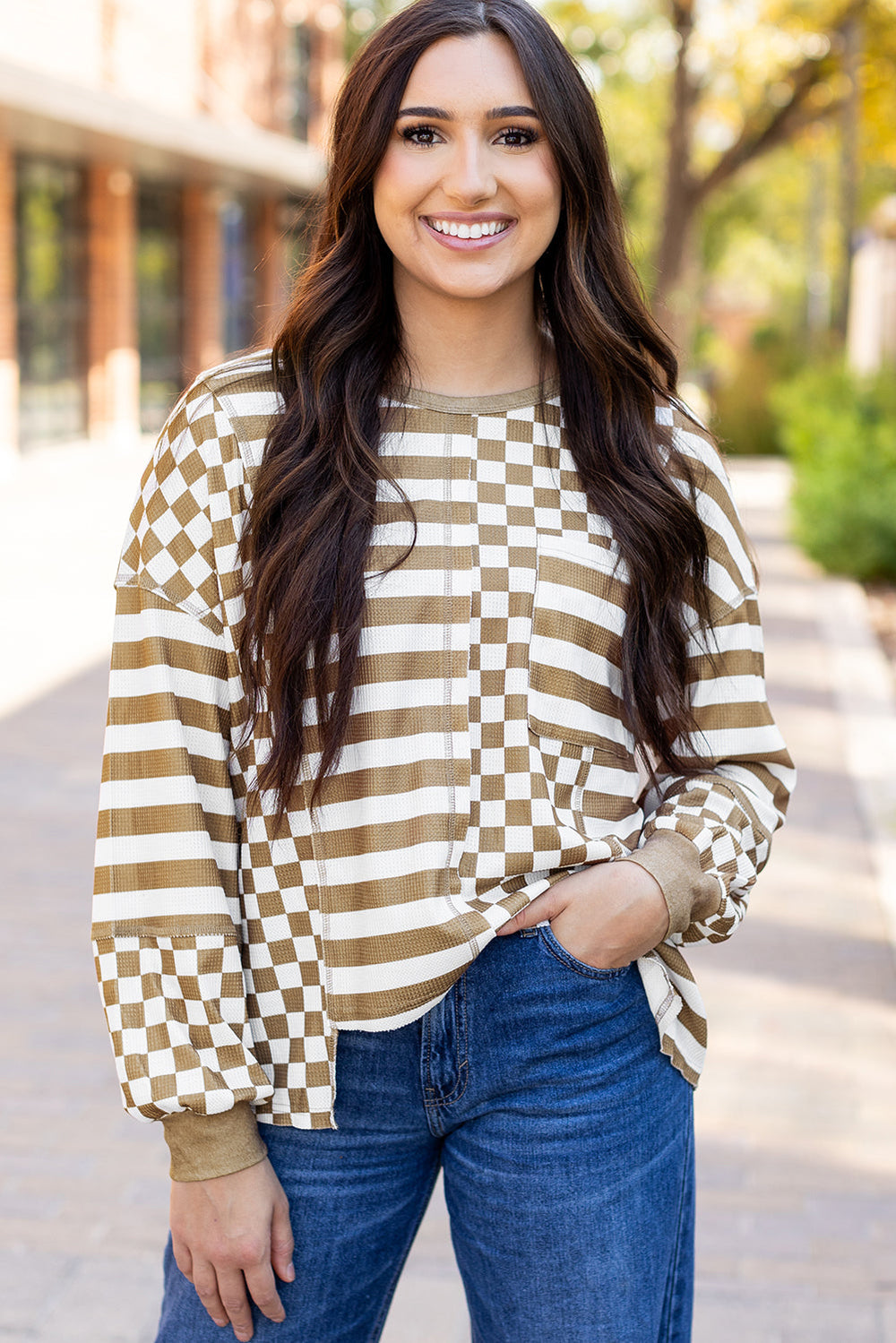 Checkerboard Striped Patchwork Lantern Sleeve Pocketed Blouse