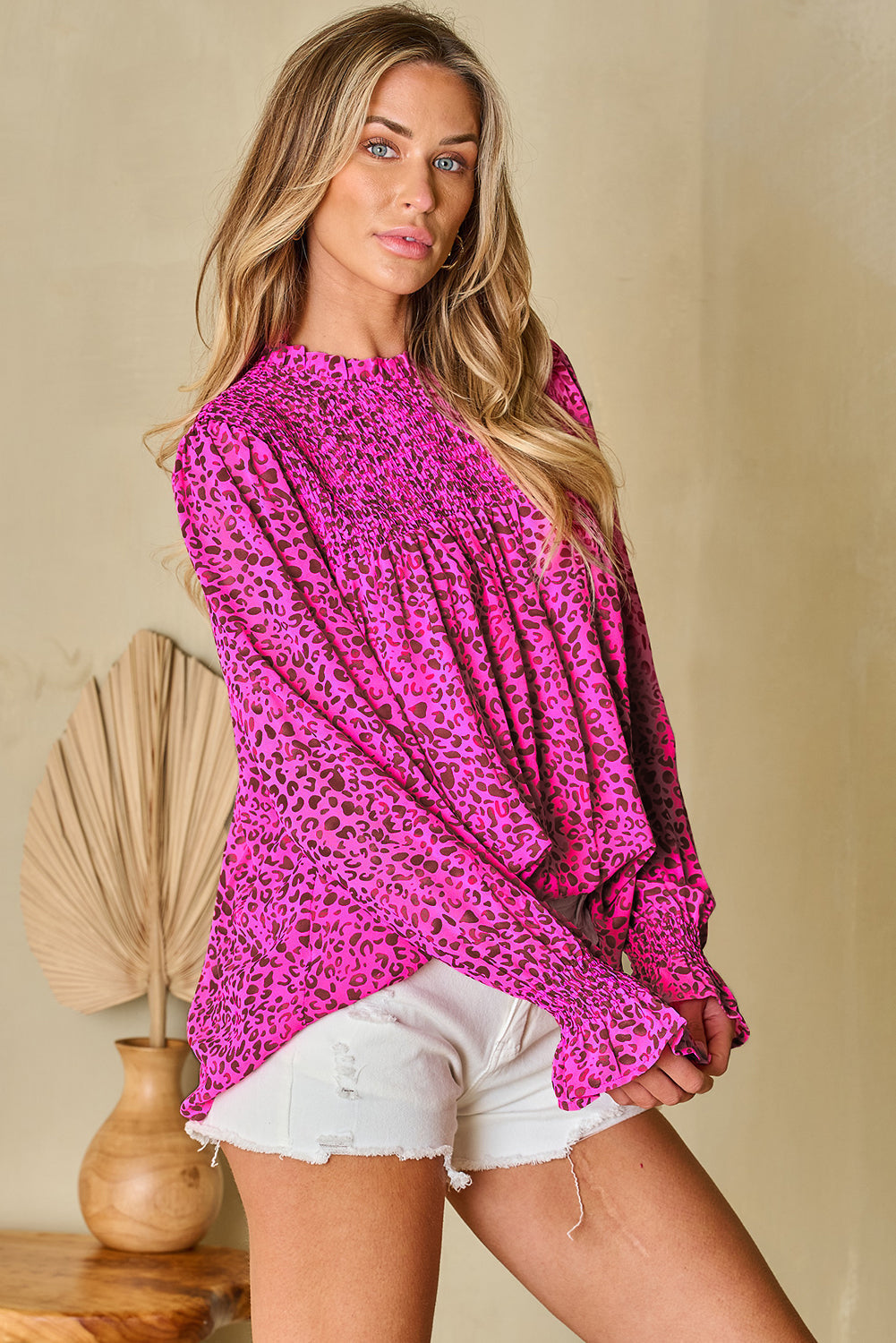 Leopard Shirred Puff Sleeve Flowy Blouse