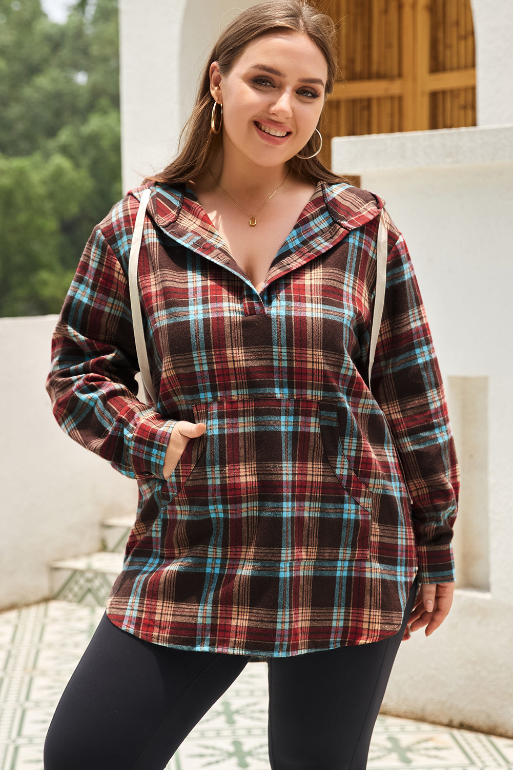 Plus Size Plaid Kangaroo Pocket Drawstring Hoodie