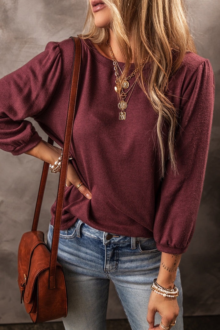 Solid Color 3/4 Sleeve Round Neck Top