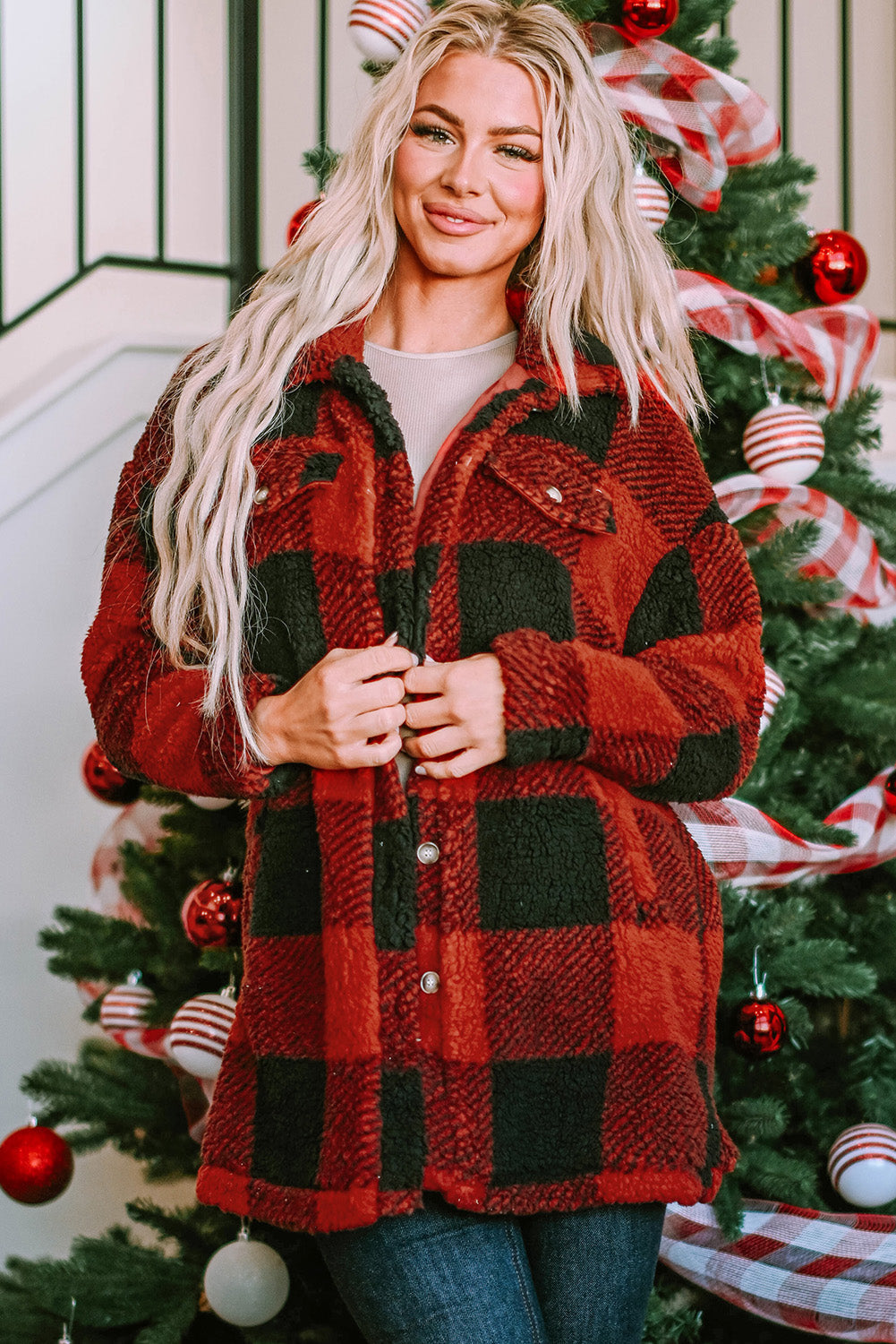 Fuzzy Plaid Flap Button Up Midi Coat