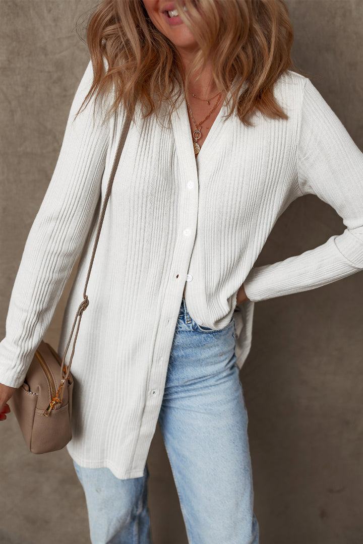 Solid Color Ribbed Button up Tunic Cardigan