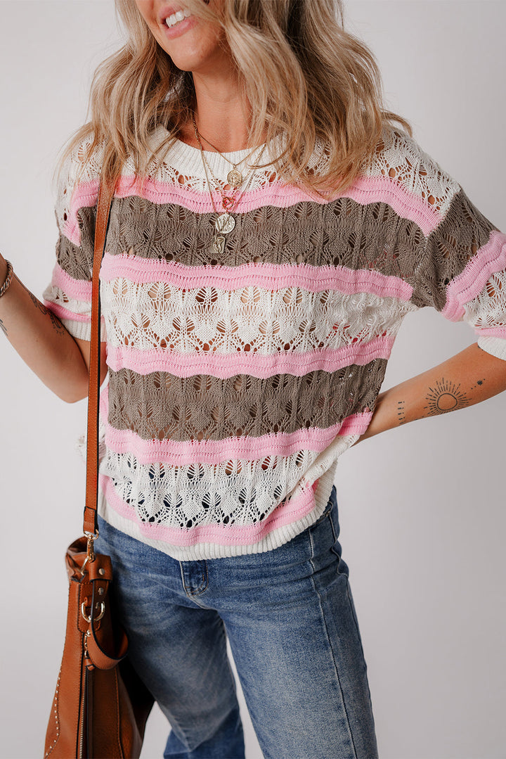 Color Block Hollow Out Crochet Half Sleeve Sweater