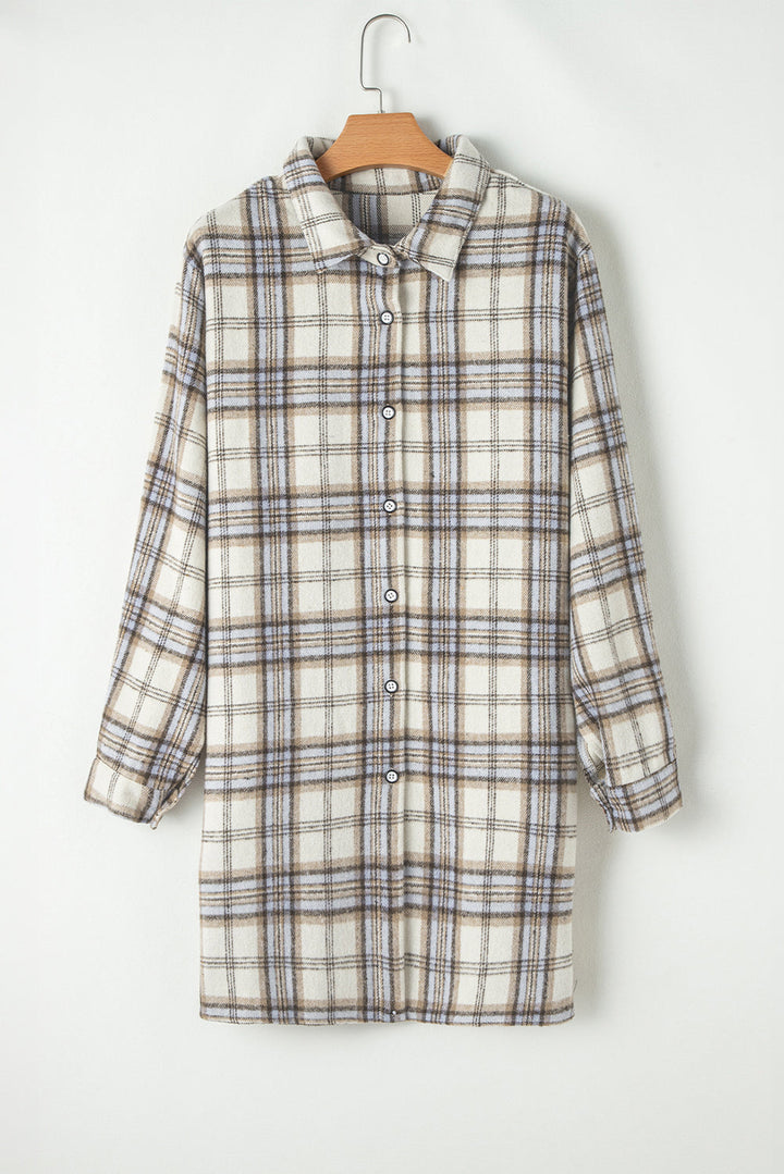 White Plaid Print Tunic Plus Size Shacket with Slits