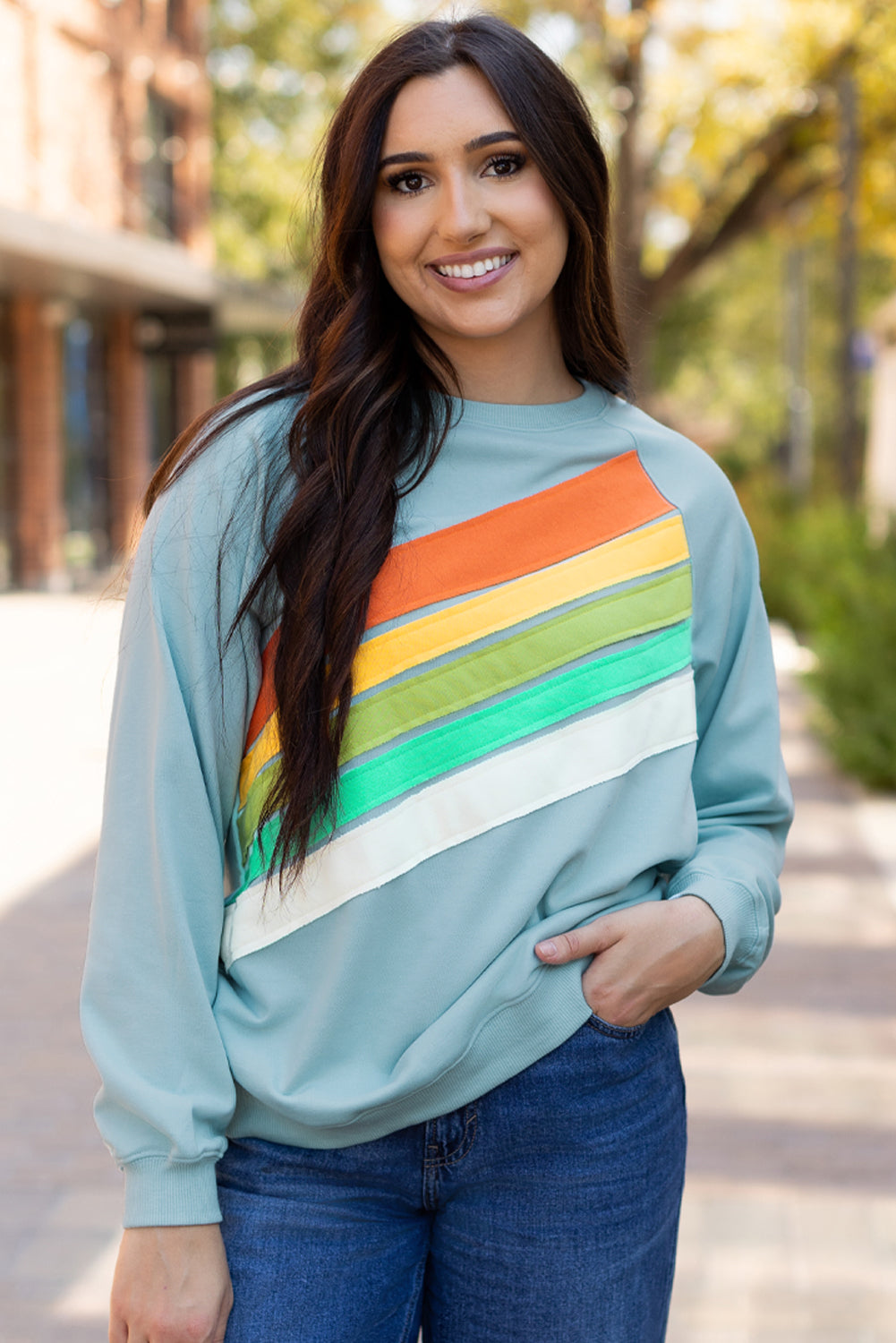 Rainbow Colorblock Striped Pullover Sweatshirt