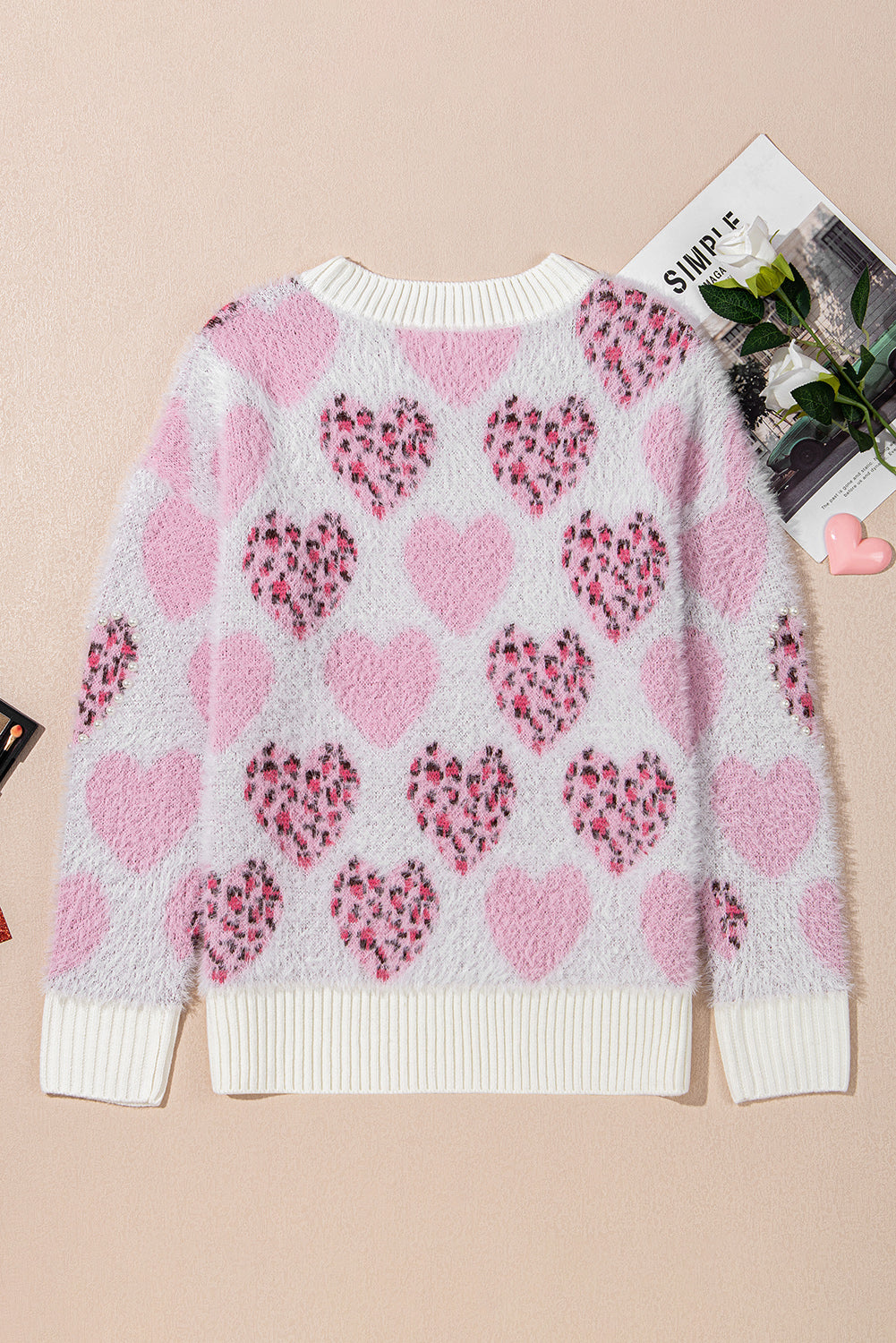 Heart Leopard Print Pearled Ribbed Trim Fuzzy Sweater