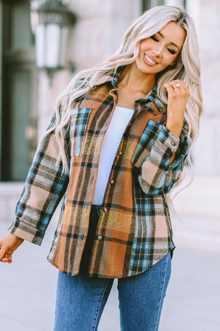 Plaid Color Block Buttoned Shirt with Pockets