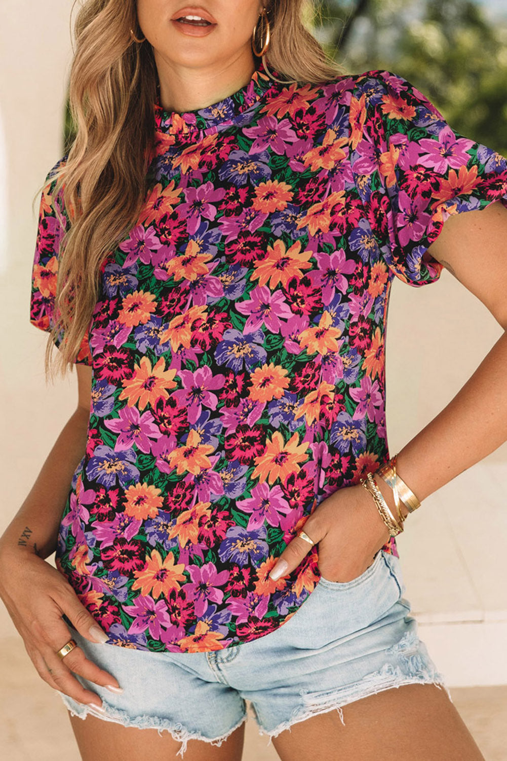 Floral Print Round Neck Puff Sleeve Blouse