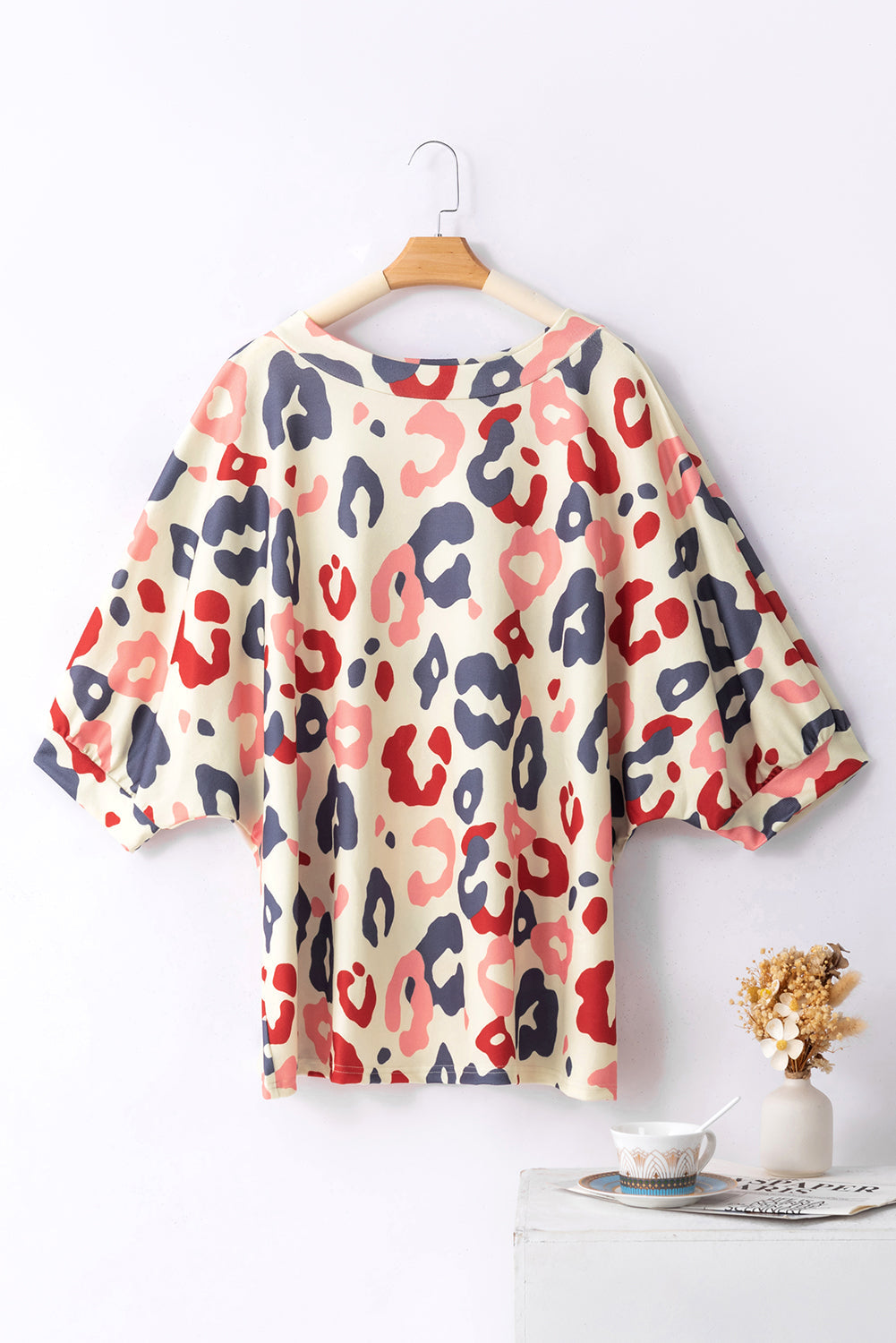 Colorful Leopard Print Batwing Sleeve Plus Blouse