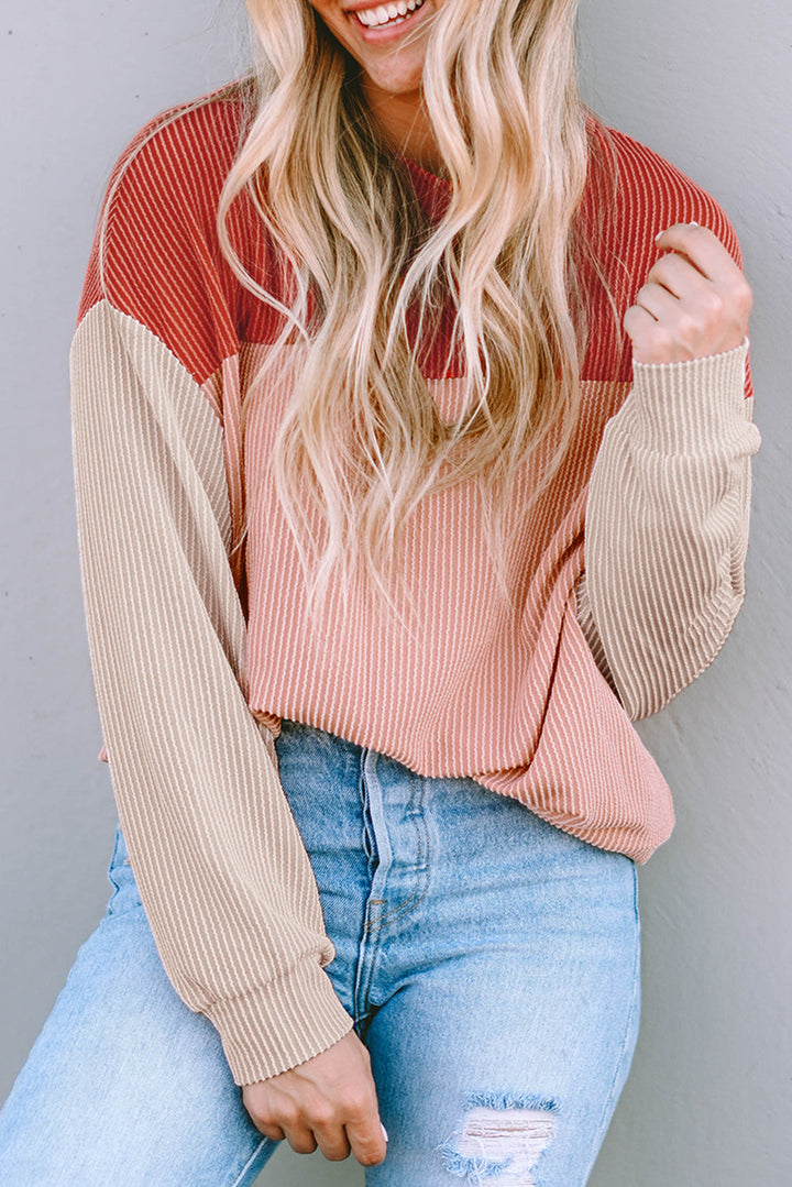 Color Block Long Sleeve Ribbed Loose Top