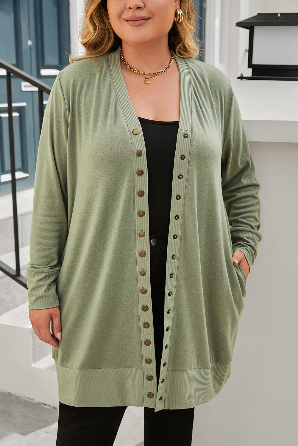 Plus Size Snap Buttons Front Knit Cardigan