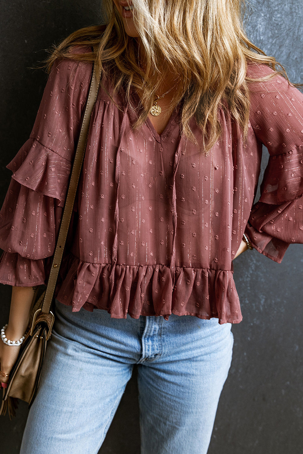 Swiss Dot Lace up V Neck Ruffled Blouse